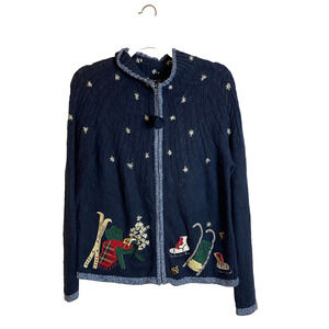 Northcrest Zip Cardigan Sweater Sz S (6-8) Christmas Knit Mittens Ski Navy Blue